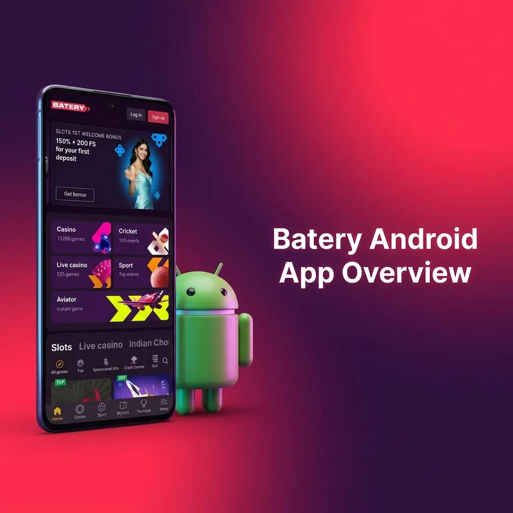 Batery Android app interface for mobile sports betting and online casino games.