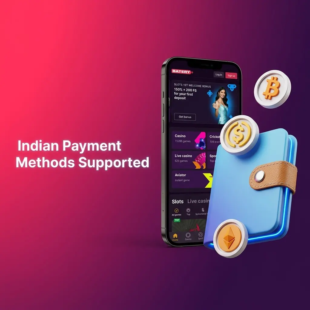 Supported Indian payment methods on Batery app including UPI, PhonePe, and Paytm for fast deposits and withdrawals.
