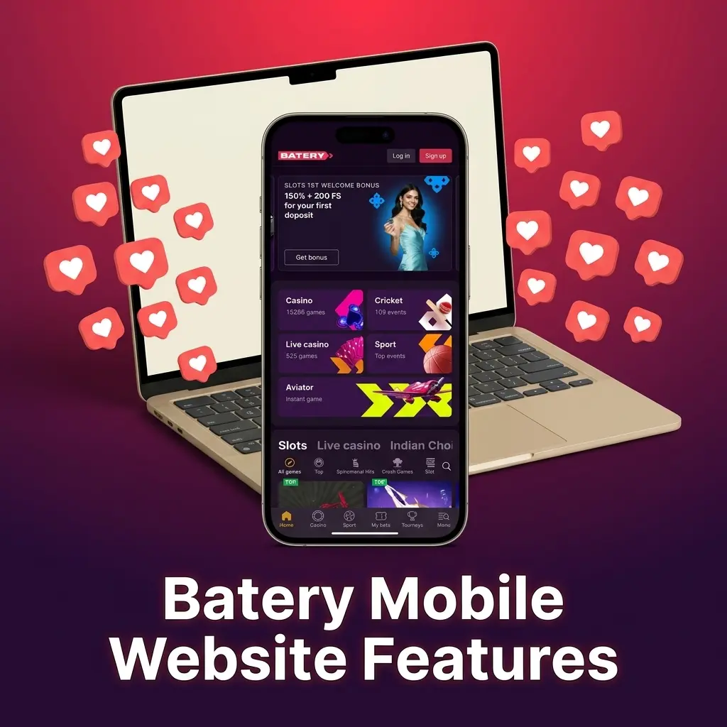 Smartphone displaying Batery mobile website features for casino games and betting markets.