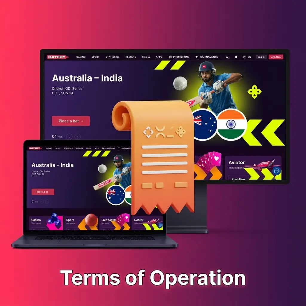 Terms of Operation outlining strict platform policies, 18+ age limits, account rules, and bonus wagering guidelines.