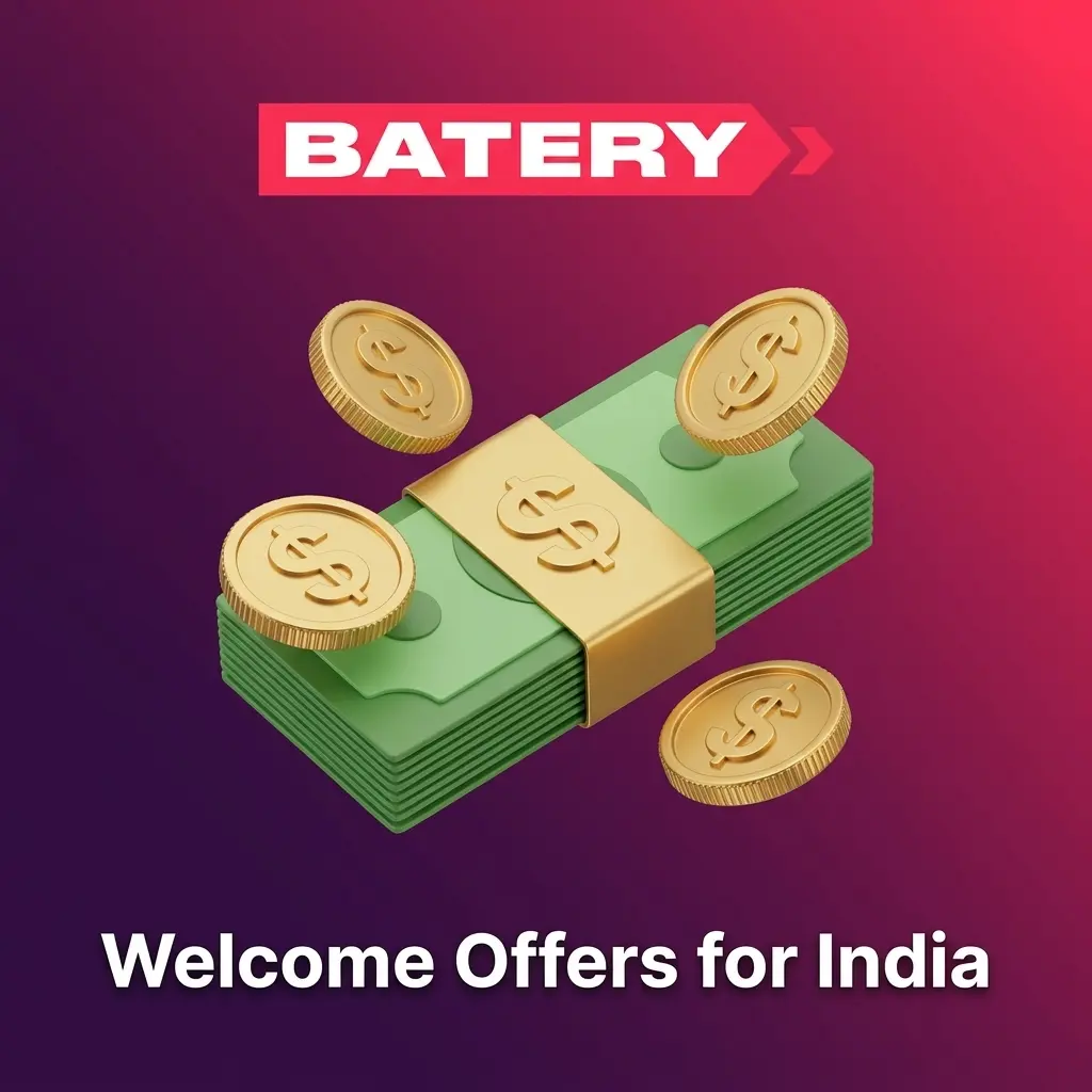 Batery Casino India welcome offers with up to 1,50,000 INR, free spins, sports, slots, and Aviator bonuses.